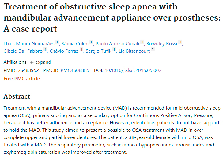 Treatment of obstructive sleep apnea with mandibular advancement appliance over prostheses: A case report