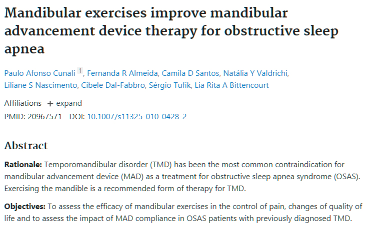 Mandibular exercises improve mandibular advancement device therapy for obstructive sleep apnea